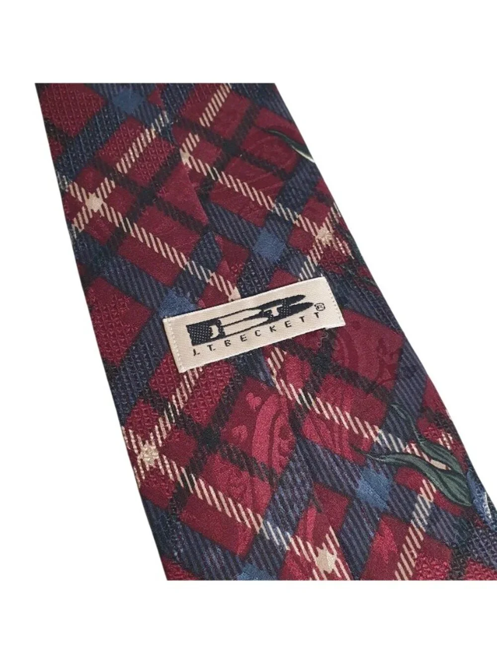 J T Beckett Mens Necktie Red Plaid Floral Motif Polyester Blend Vintage 58 x 3.5